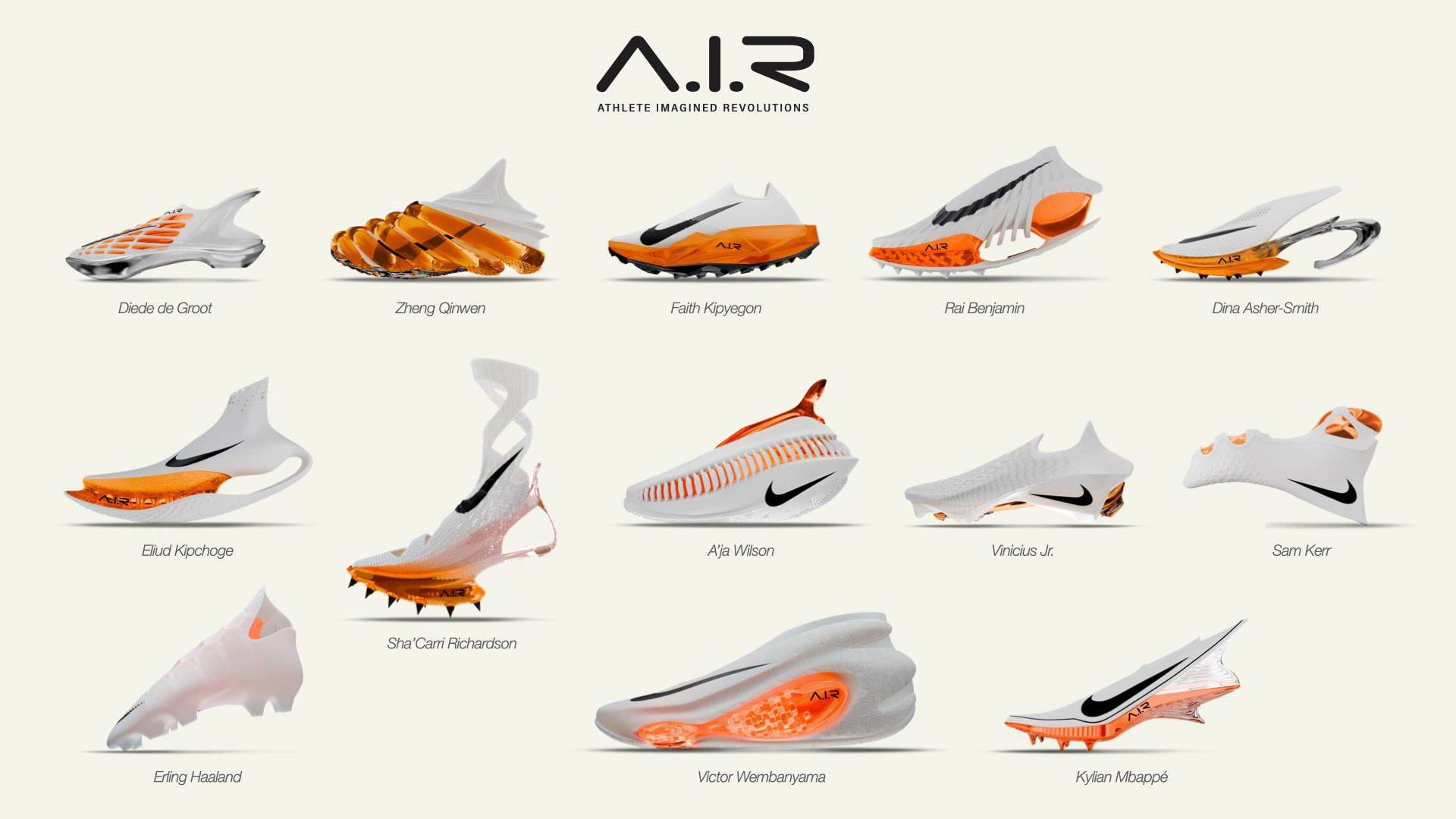 NIKEが13人のトップアスリートと夢のプロダクトを構想する「A.I.R.」プロジェクトを発表。キプチョゲが描いたモデルも